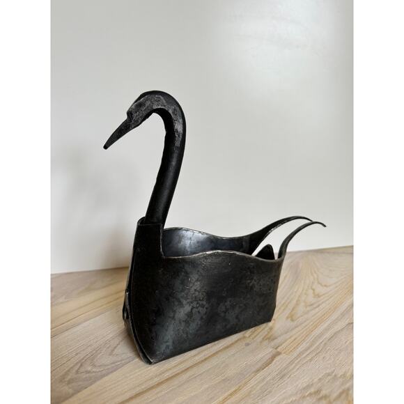 VINTAGE Black Cast Iron ? Heavy Metal Handicrafts Swan Bird Vase Statue VTG